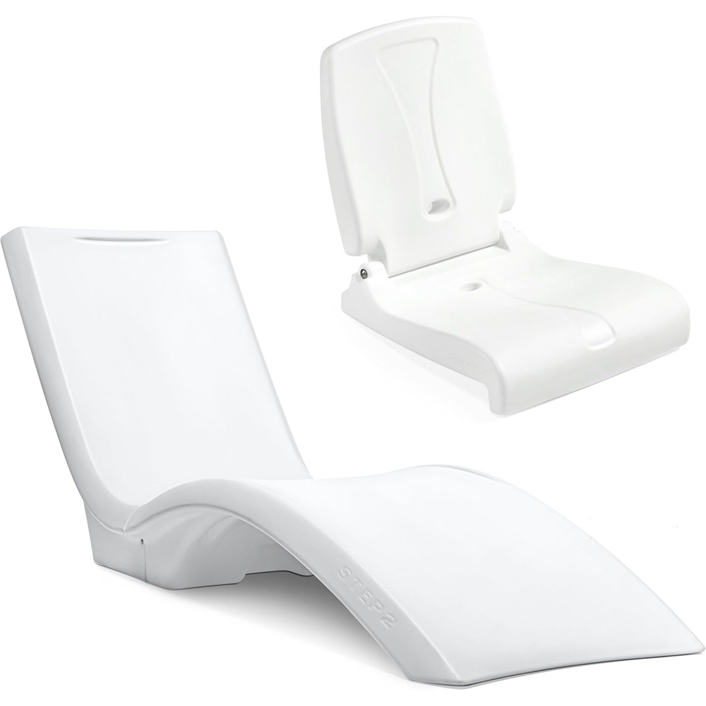 image:imageStep2 Vero Pool Lounger and Folding Adult Flip Seat Bundle OutdoorIndoor Waterproof Patio Furniture Provides Back Support When Sitting Made of Durable Plastic WhiteWhite