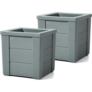 Step2 Lakewood Square Planter, Large Planters for Outdoor Plants, Gardening and Flower Pot for Patio or Porch, Efficient Drainage, Durable Plastic, Sage Gray, 2-Pack(Sage Gray)