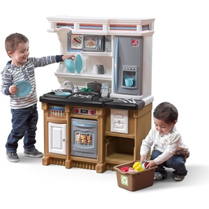 Step2 Lifestyle Dream Kids Kitchen Playset, Indoor/Outdoor Kitchenette, Interactive Play with Lights and Sounds, Made of Durable Plastic, 37 Piece Toy Accessories, Toddlers 2+ Years Old, Gray(Tan)