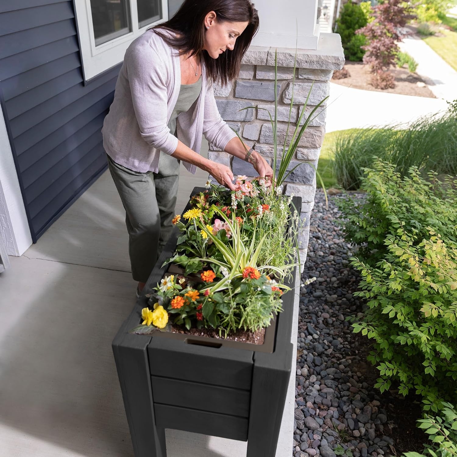 image:imageStep2 Lakewood Raised Planter Box Large Planters for Outdoor Plants Gardening and Flower Pot for Patio or Porch Easy Drainage Durable Plastic Dark CedarBlack